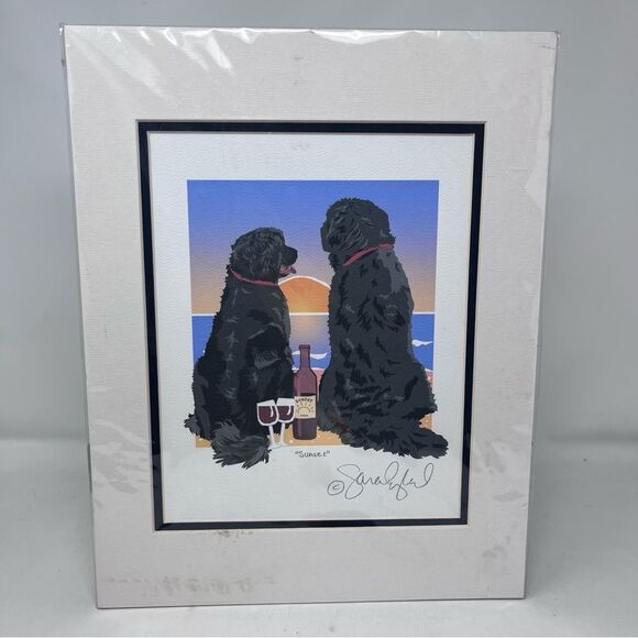 Matted Newfoundland Dogs Red Wine Beach Sunset Art Print - Picture 1 of 8